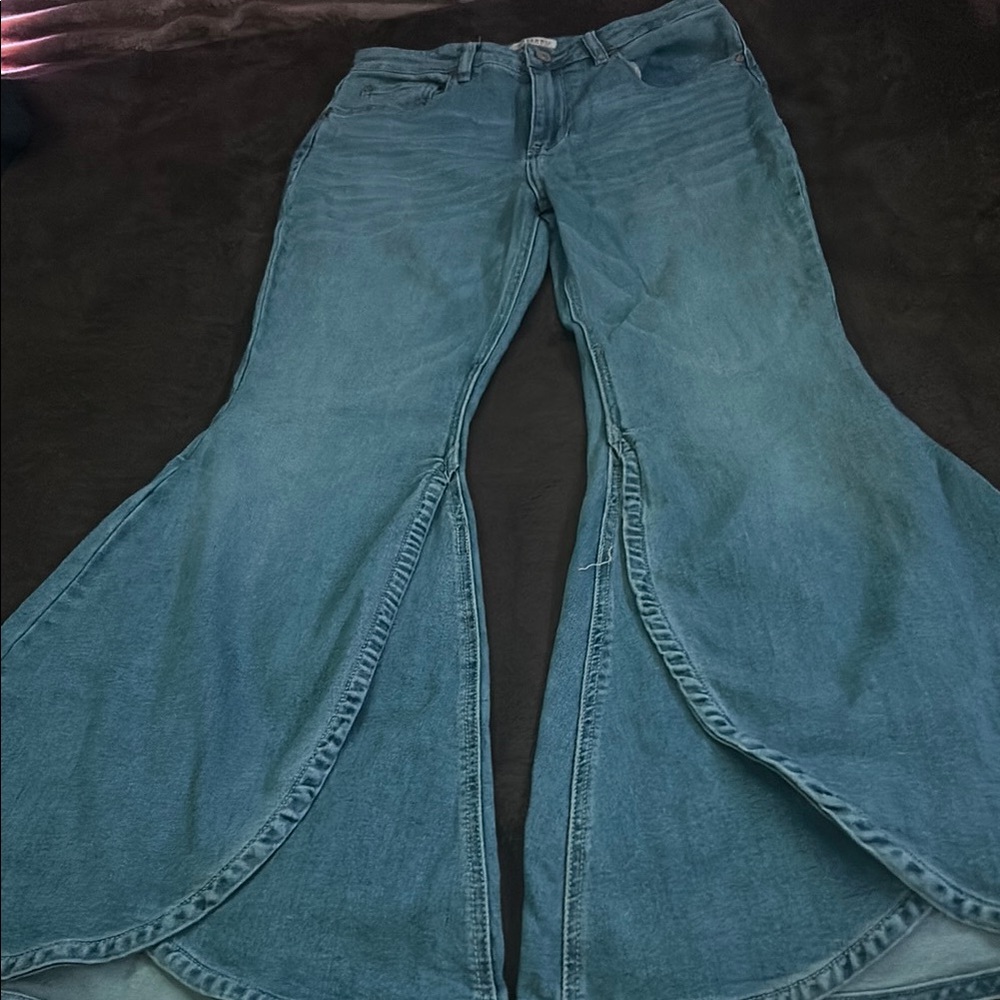 Shyanne Blue Flare Wide Leg Jeans with Dramatic Design